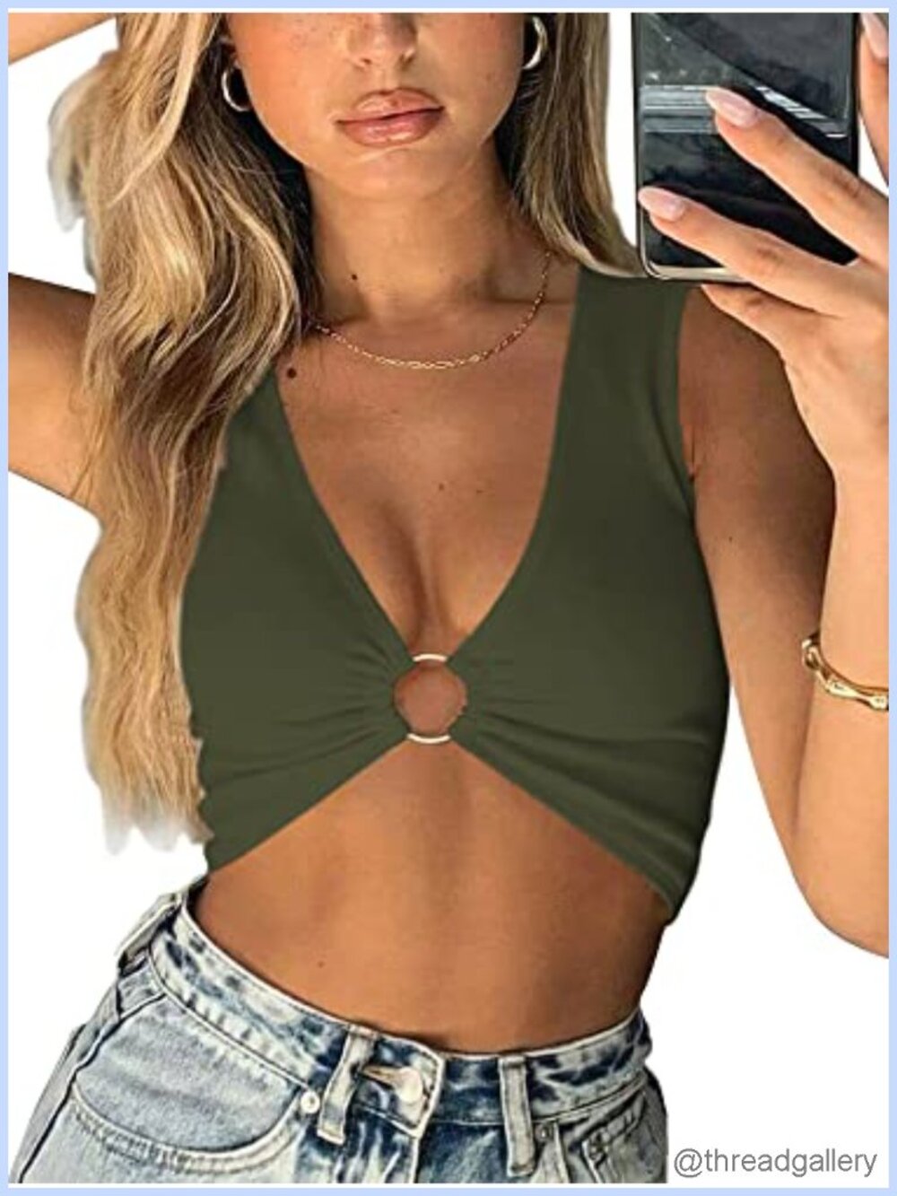 Sexy Deep V Neck Ring Sleeveless Crop Top
